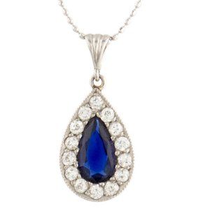 $3,890 Royal Blue Sapphire Diamond Halo 1.3 ct 14K White Gold Pendant Necklace